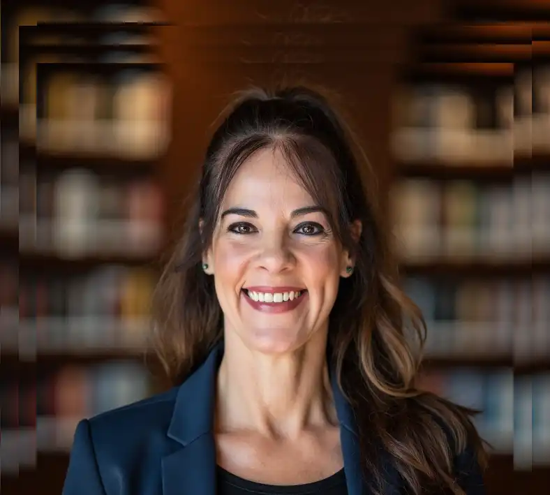 a woman smiling in front of a bookshelf