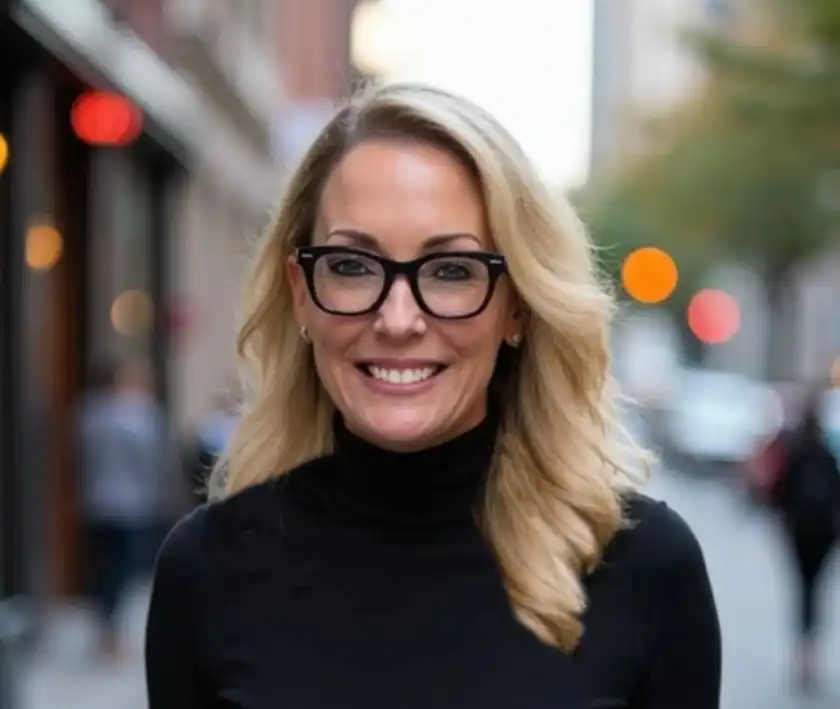 a woman wearing glasses standing on a city street