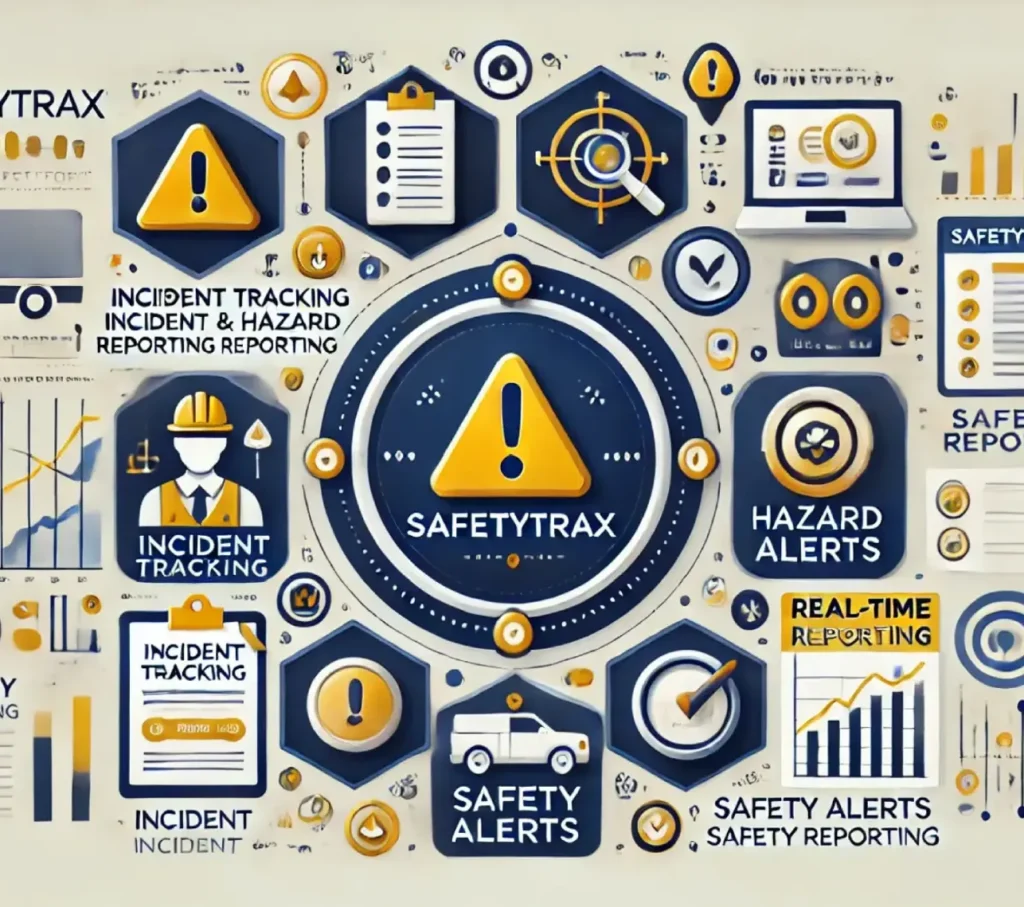 the safetytrax logo surrounded by various safety related items